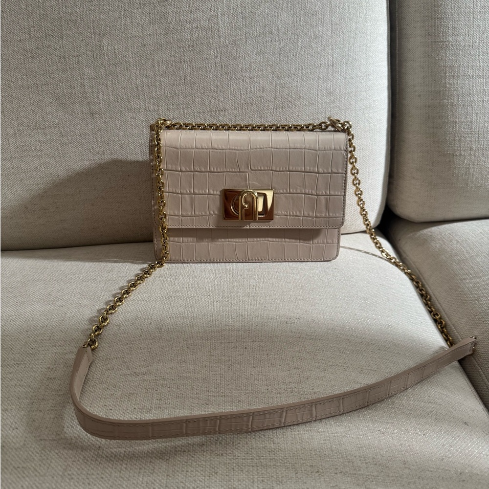 Furla Beige Croc-Embossed Chain Bag